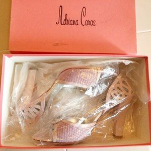 Adriana Caras women's 37 EU rhinestone gem embellished open toe 4" chunky heels